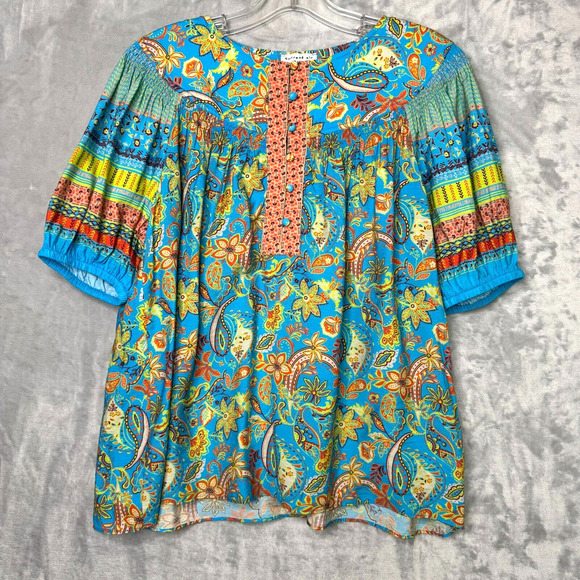 Current Air Top Womens Large Blue Orange Paisley Floral Short Sleeve Boho Button - Picture 1 of 11
